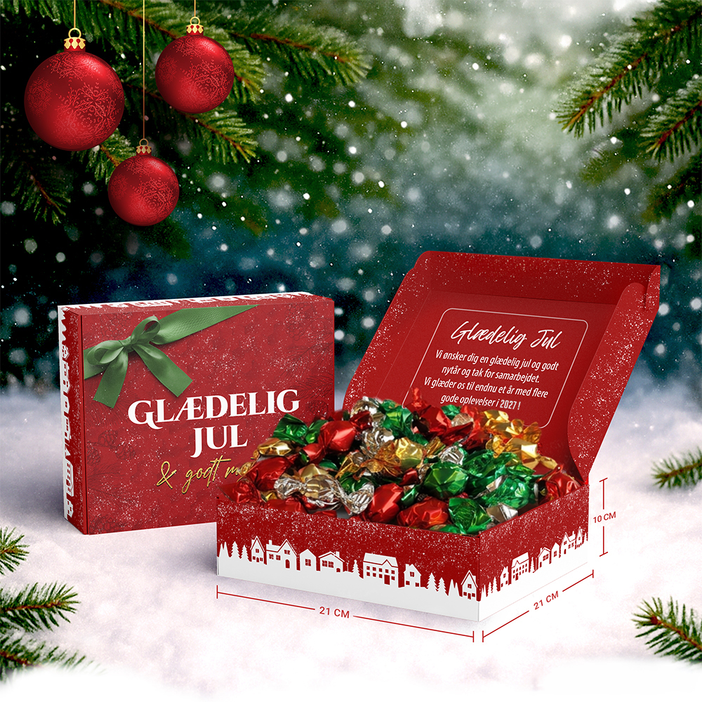 miniSERVIETTENs Julekasse m/ Blandet Chokoladekugler (Kan købes med logo indvendig /udvendig)