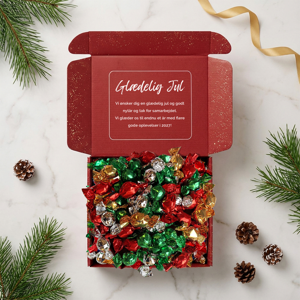 miniSERVIETTENs Julekasse m/ Blandet Chokoladekugler (Kan købes med logo indvendig /udvendig)