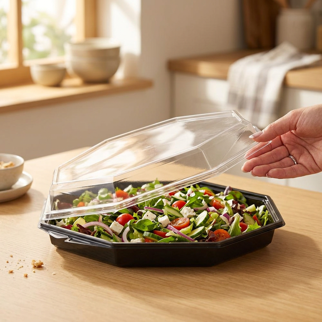 Plastbakke Octaview 1869 ml Sort APET med Hængslet Låg – 96 stk