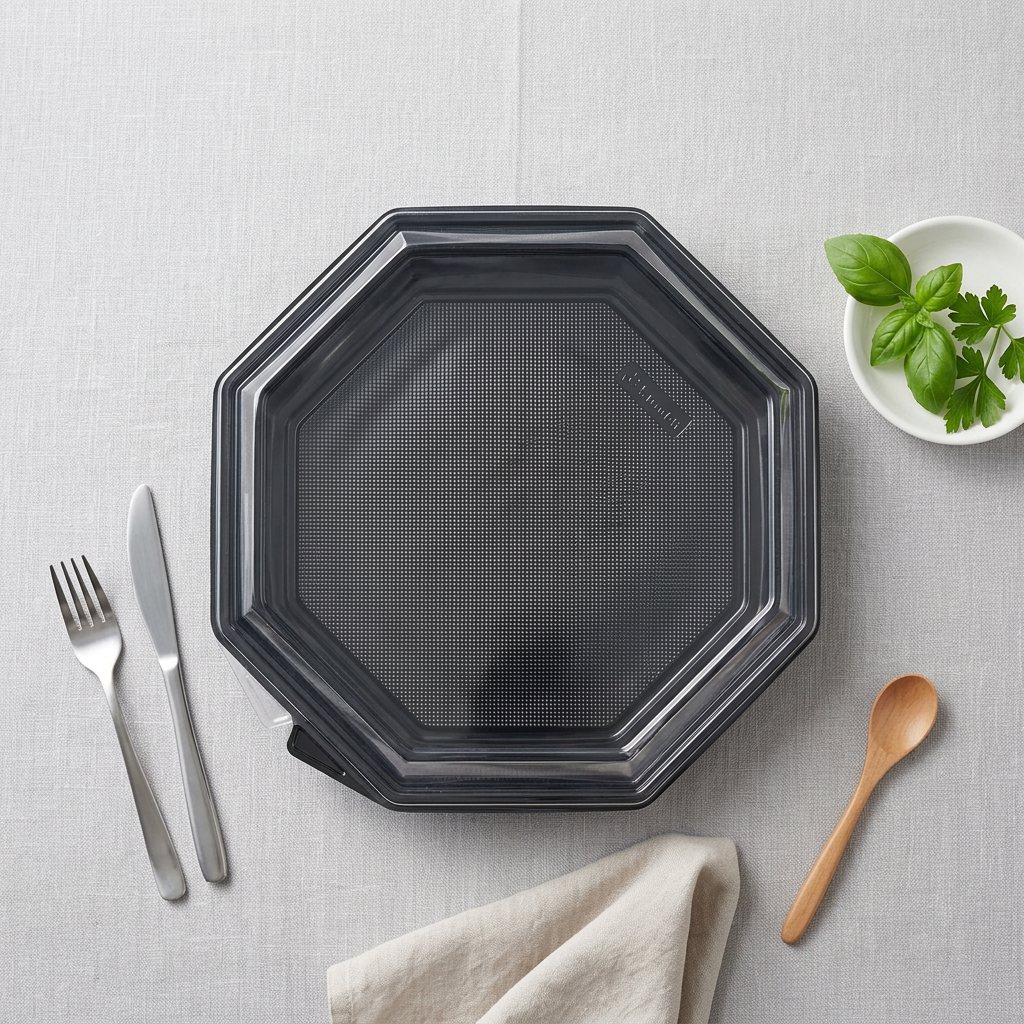 Plastbakke Octaview 1869 ml Sort APET med Hængslet Låg – 96 stk