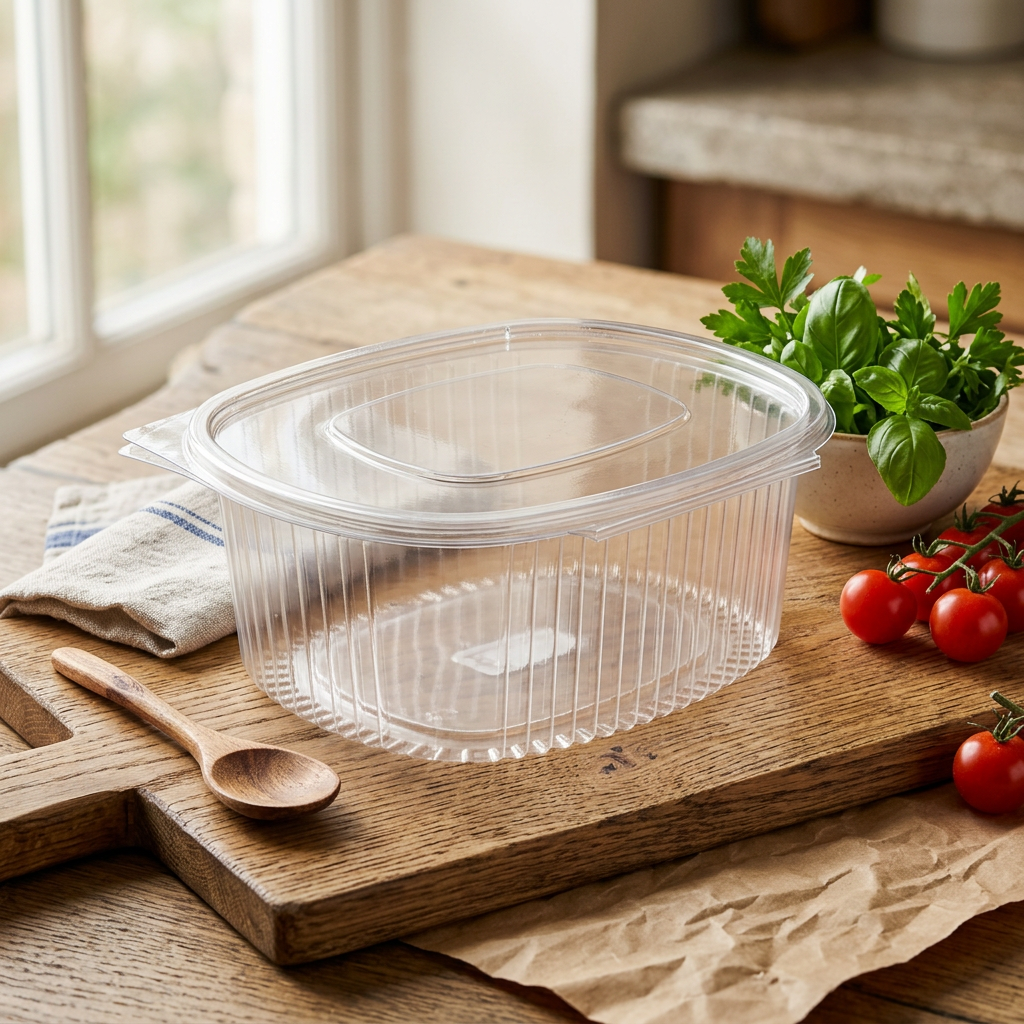 Plastbæger Verive 750 ml oval hængslet låg 172x144x62 mm RPET Klar,10 ps x 50 stk/krt
