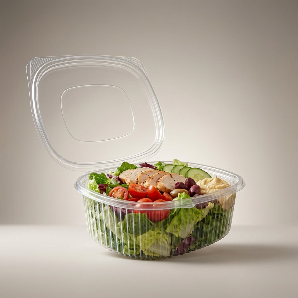 Plastbæger Verive 750 ml oval hængslet låg 172x144x62 mm RPET Klar,10 ps x 50 stk/krt